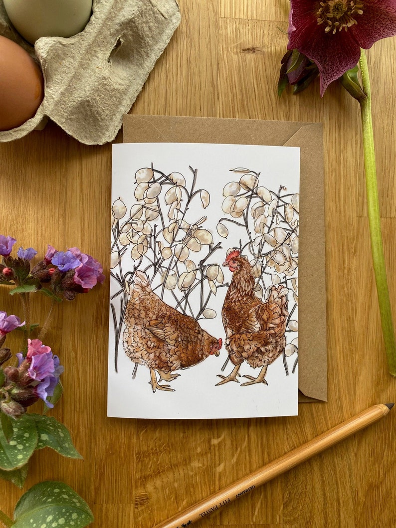 Hens and Honesty Seeds Greetings Card,Hen Card, Chicken Card. image 1