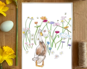 Runner Duck and Wildflower Art Print, Runner Duck Art, Duck Art Print, Runner Duck gift