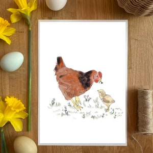 Buff Sussex Hen and chick, Chicken Art Print, Hen Art Print, Chicken illustration, Chicken themed gift, Hen Art, Nursery Art,