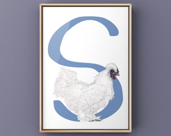 Chicken Art Print, Hen Art Print, Farm Art Print, Silkie Chicken Art, Silkie Artwork, Silkie Hen Art.