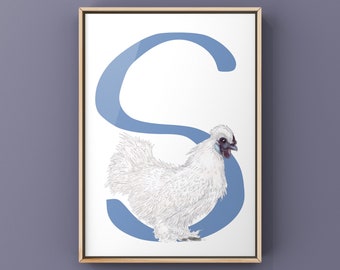 Huhn Kunstdruck, Henne Kunstdruck, Bauernhof Kunstdruck, Silkie Huhn Kunst, Silkie Kunstwerk, Silkie Henne Kunst.