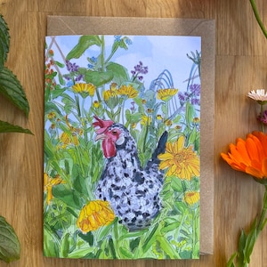 Carte de voeux Milou dans le calendula, carte de voeux poulet, carte de voeux poule, thème poulet, carte d'anniversaire poulet, poule Legbar