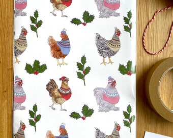 Festive Chickens Gift Wrap, Christmas Chickens Wrapping paper - PACK OF 2 SHEETS