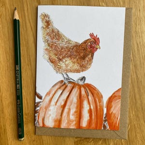 Carte de voeux poule et citrouille, carte de voeux sur le thème du poulet, carte de voeux poule