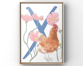Hen Alphabet Art Print, Chicken Art Print, ex battery Chicken Art Print,
