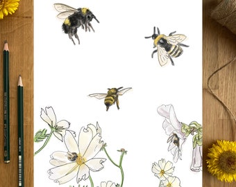 Bees and Flowers Art Print, nature art print, garden art print