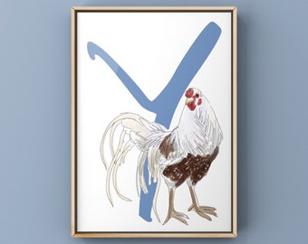 Chicken Alphabet Art Print, the letter Y for Yokohama Chicken