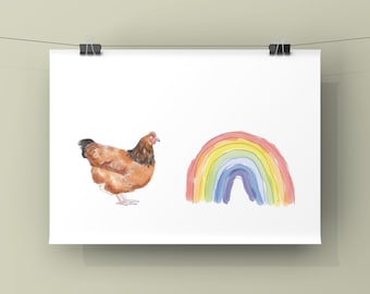 Hen Art and Rainbow Art Print