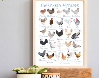 The Chicken Alphabet Art Print, Chicken Art Print, Chicken theme gift, Hen theme gift, Farm animal Art, Chicken Nursery Art.