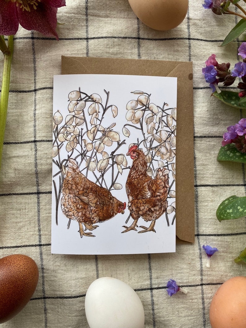 Hens and Honesty Seeds Greetings Card,Hen Card, Chicken Card. image 2