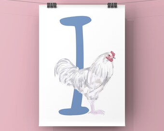 Alphabet Art Print, Chicken Art Print, Hen Art Print, Farm themed Art Print, Ixworth Chicken Art Print, Rare Breed Chickens Art Print