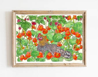 Olive in the Nasturtiums Art Print, Chicken themed Art Print