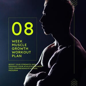 Könnte beinhalten: Eine Silhouette einer muskulösen Person mit verschränkten Armen vor einem dunklen Hintergrund. Der Text "08 WOCHE MUSKELWACHSTUM TRAININGS PLAN" ist in Gelb auf schwarzem Hintergrund. Der Text "STÄRKEN SIE IHRE KRAFT UND VERBESSERN SIE IHRE ATHLETIK MIT DIESEM UMFASSENDEN 8-WOCHEN-PROGRAMM" ist in Weiß auf schwarzem Hintergrund.