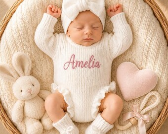 Personalized Baby Name Romper,Embroidered Knit,Custom Newborn Coming Home Outfit,Baby Shower Gift,Personalized Outfit,Gender Neutral