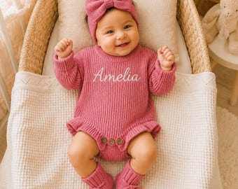 Personalized Baby Name Romper,Embroidered Knit,Custom Newborn Coming Home Outfit,Baby Shower Gift,Personalized Outfit,Baby Girl Romper