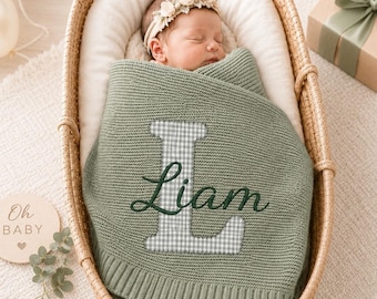 Personalized Baby Blanket, Applique Embroidered Name Blanket, Cotton Knit Newborn Gift, Gender Neutral Baby Shower Gift, Nursery Keepsake
