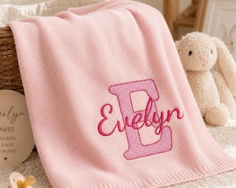 Personalized Baby Blanket, Cotton Knit Newborn Gift, Gender Neutral Baby Shower Gift, Nursery Keepsake, Applique Embroidered Name Blanket