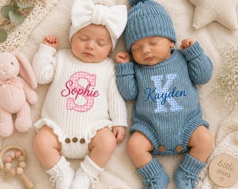 Custom Name Baby Romper Set, Personalized Applique Knit Onesie, Newborn Coming Home Outfit, Baby Boy Shower Gift, Gender Neutral