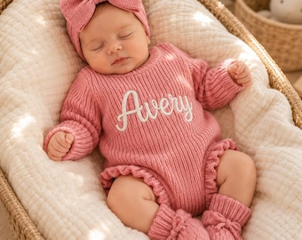 Personalized Baby Name Romper,Embroidered Knit,Custom Newborn Coming Home Outfit,Baby Shower Gift,Personalized Outfit,Gender Neutral
