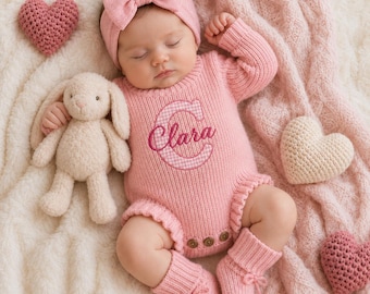 Custom Name Baby Romper Set, Personalized Applique Knit Onesie, Newborn Coming Home Outfit, Baby Boy Shower Gift, Gender Neutral
