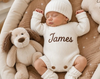 Personalized Baby Name Romper,Embroidered Knit,Custom Newborn Coming Home Outfit,Baby Shower Gift,Personalized Outfit,Gender Neutral