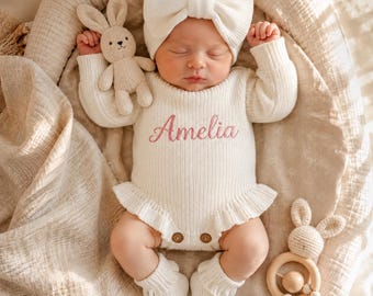 Personalized Baby Name Romper,Embroidered Knit,Custom Newborn Coming Home Outfit,Baby Shower Gift,Personalized Outfit,Gender Neutral