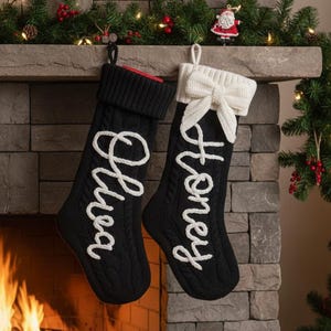2025 Bow Black Embroidered Christmas Stockings, Personalized Family Stockings,Custom Holiday Decor,Monogram Xmas Gift,Christmas Mantel Decor