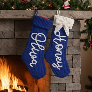 2025 Bow Blue Embroidered Christmas Stockings, Personalized Family Stockings, Custom Holiday Decor,Monogram Xmas Gift,Christmas Mantel Decor