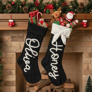 2025 Bow Black Embroidered Christmas Stockings,Custom Holiday Decor,Personalized Family Stockings,Monogram Xmas Gift,Christmas Mantel Decor