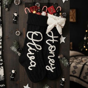 2025 Bow Black Embroidered Christmas Stockings, Personalized Family Stockings,Custom Holiday Decor,Monogram Xmas Gift,Christmas Mantel Decor