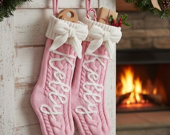 2025 Bow Pink Embroidered Christmas Stockings, Personalized Family Stockings, Custom Holiday Decor,Monogram Xmas Gift,Christmas Mantel Decor