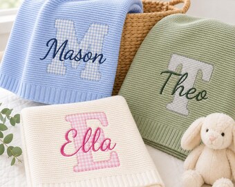 Personalized Baby Blanket, Applique Embroidered Name Blanket, Cotton Knit Newborn Gift, Gender Neutral Baby Shower Gift, Nursery Keepsake