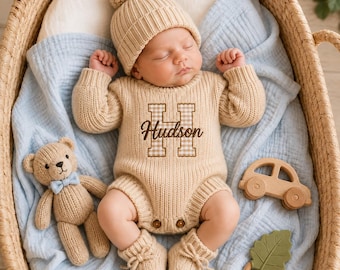 Custom Name Baby Romper Set, Personalized Applique Knit Onesie, Newborn Coming Home Outfit, Baby Boy Shower Gift, Gender Neutral