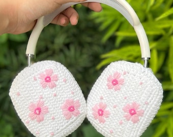 Crochet Sakura embroidery airpod max covers,bose headphone cover,sony xm5 accessories,sony xm4 cover,sony xm6,Music Lovers,Handmade Gifts