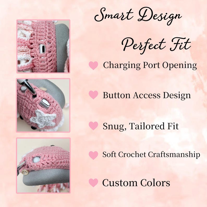 Puede incluir: Fundas de auriculares de ganchillo rosas y blancas con el texto "Smart Design Perfect Fit". Incluye una abertura para el puerto de carga, dise&ntilde;o de acceso a botones, ajuste perfecto y artesan&iacute;a de ganchillo suave. Colores personalizados disponibles.