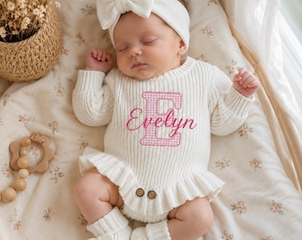 Custom Name Baby Romper Set, Personalized Applique Knit Onesie, Newborn Coming Home Outfit, Baby Boy Shower Gift, Gender Neutral