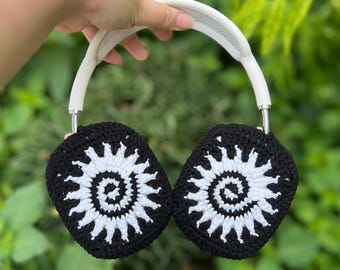 Crochet Black and white  sun vortex Headphone Cover,crochet airpod max cover,sony xm4,sony xm5,sony xm6,Handmade Gifts,any headphone model