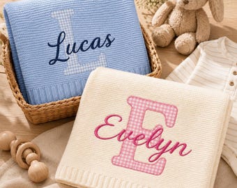 Personalized Baby Blanket,Cotton Knit Newborn Gift, Gender Neutral Baby Shower Gift, Nursery KeepsakeApplique Embroidered Name Blanket,