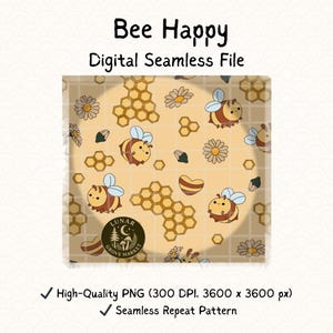 Bee Happy Seamless Pattern | Cute Bumblebee & Honeycomb PNG | 12&quot;x12&quot; 300 DPI Digital Download | Summer Daisy Sublimation File