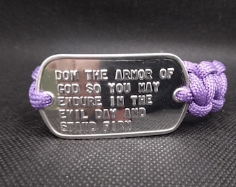 Purple DON THE ARMOR Paracord Bracelet with Genuine Military Dogtag 7 1/2 inches