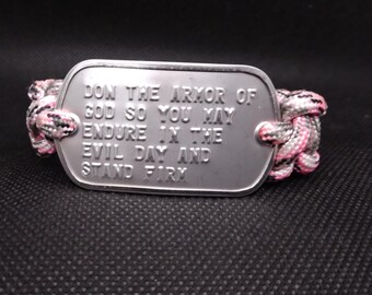 Pink Camo DON THE ARMOR Paracord Bracelet with Genuine Military Dogtag 8 inch
