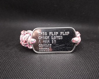 Pink Camo FLIP FLOP CHICK Paracord Bracelet with Genuine Military Dogtag 7 3/4 inches