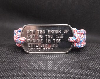 Red White Blue DON THE ARMOR Paracord Bracelet with Genuine Military Dogtag 8 1/4 inches