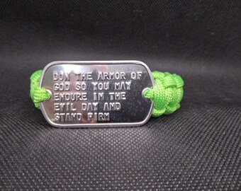Neon Green DON THE ARMOR Paracord Bracelet with Genuine Military Dogtag 8 3/4 inches