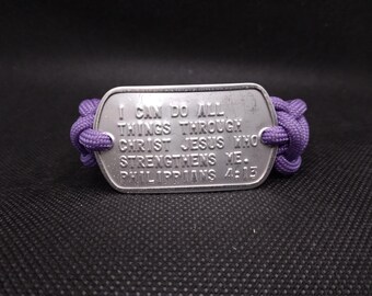 Purple PHILIPPIANS 4:13 Paracord Bracelet with Genuine Military Dogtag 7 1/2 inches