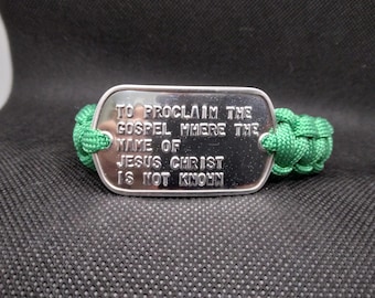 Green MISSIONS Paracord Bracelet with Genuine Military Dogtag 8 1/2 inches