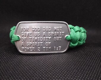 Green 2 Timothy 1:7 Paracord Bracelet with Genuine Military Dogtag 9 inches