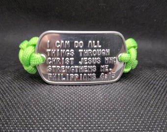 Neon Green PHILIPPIANS 4:13 Paracord Bracelet with Genuine Military Dogtag 8 3/4 inches