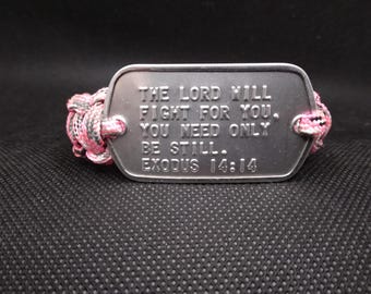 Pink Camo EXODUS 14:14 Paracord Bracelet with Genuine Military Dogtag 7 1/4 inches