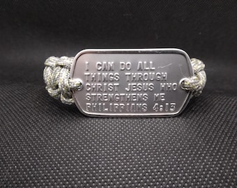 Camo PHILIPPIANS 4:13 Paracord Bracelet with Genuine Military Dogtag 8 1/4 inches